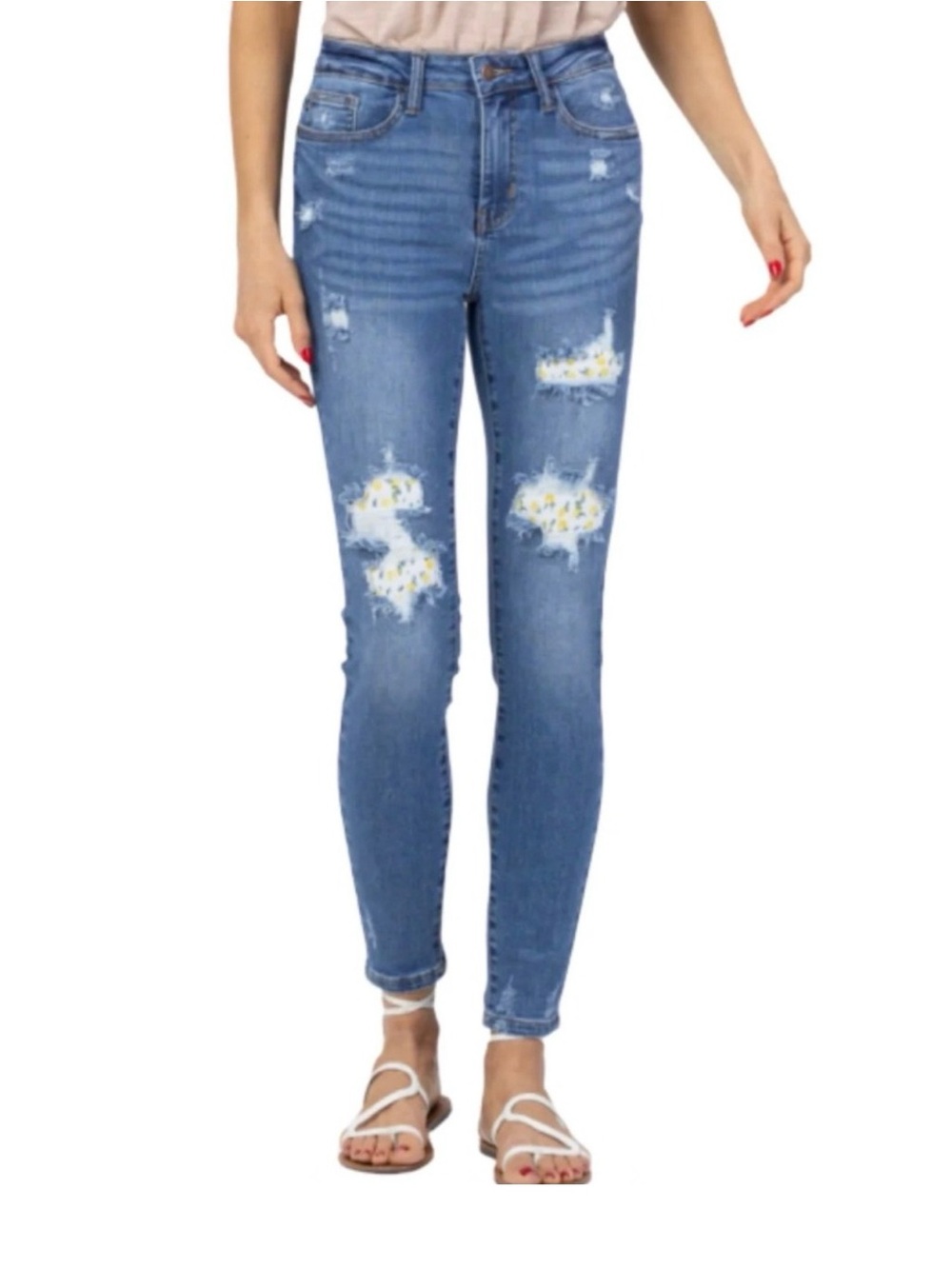 Judy Blue Jr. 13 distressed lemon print patches skinny fit jeans.